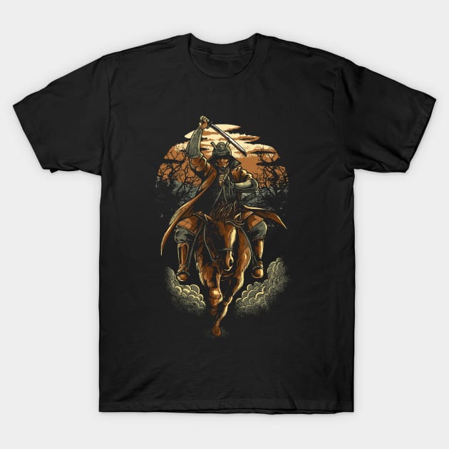 Samurai Warrior Katana Riding Horse Forest Sunset Vintage T-Shirt by anubis1986